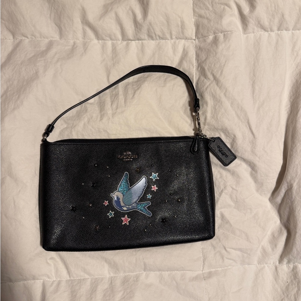 Coach Black Leather Clutch with Bird and Star Design